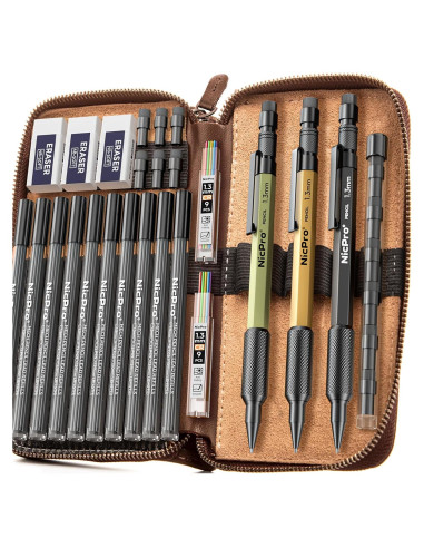 Conjunto de Lápices Mecánicos Nicpro 21 Piezas 1.3mm en Estuche de Cuero