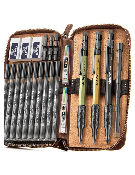 Conjunto de Lápices Mecánicos Nicpro 21 Piezas 1.3mm en Estuche de Cuero