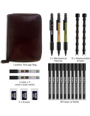 Conjunto de Lápices Mecánicos Nicpro 21 Piezas 1.3mm en Estuche de Cuero