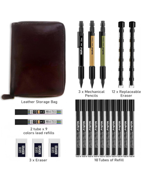 Conjunto de Lápices Mecánicos Nicpro 21 Piezas 1.3mm en Estuche de Cuero