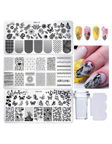 Kit de Estampado de Uñas Bellelfin 3 Placas Mariposas y Hojas