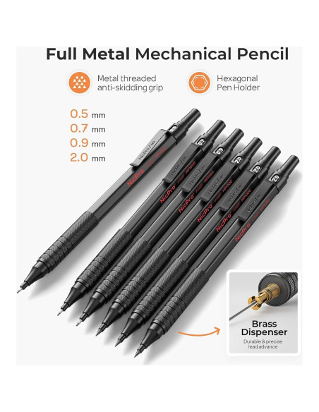 Conjunto de Lápices Mecánicos Nicpro 35PCS Metal Negro 0.5-2.0mm