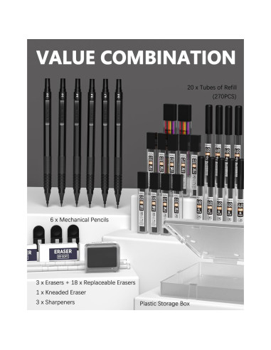 Conjunto de Lápices Mecánicos Nicpro 35PCS Metal Negro 0.5-2.0mm