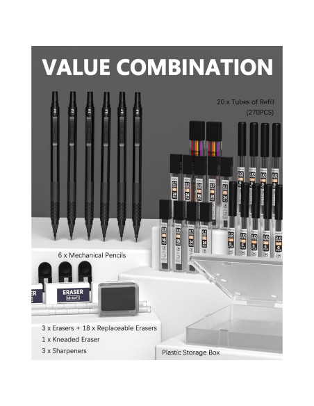 Conjunto de Lápices Mecánicos Nicpro 35PCS Metal Negro 0.5-2.0mm