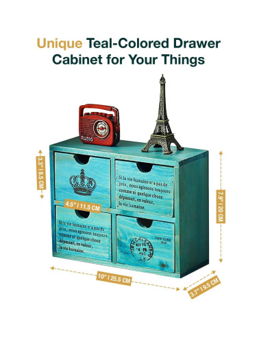 Organizador de Escritorio Woodaholic Teal 4 Cajones Madera