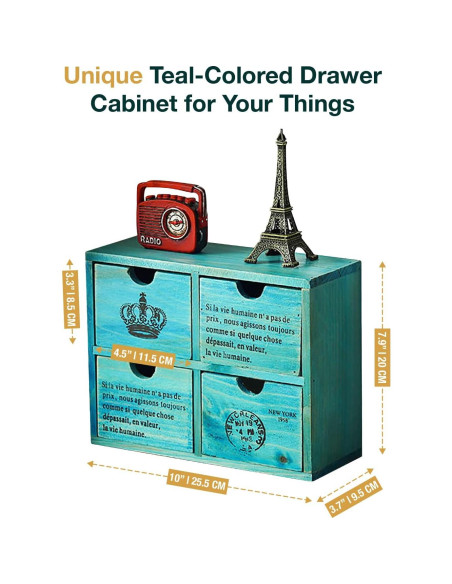 Organizador de Escritorio Woodaholic Teal 4 Cajones Madera