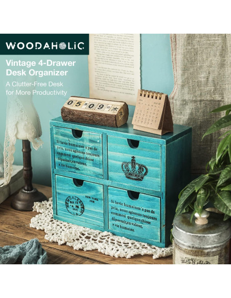 Organizador de Escritorio Woodaholic Teal 4 Cajones Madera