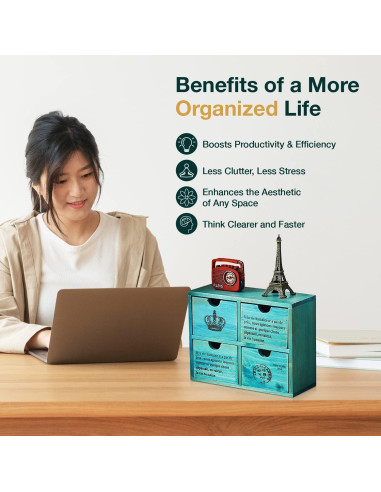 Organizador de Escritorio Woodaholic Teal 4 Cajones Madera