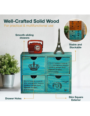 Organizador de Escritorio Woodaholic Teal 4 Cajones Madera