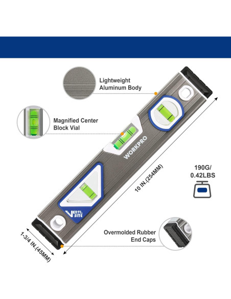 Nivel Torpedo WORKPRO 25.4 cm Aluminio 3 Viales Burbuja