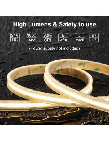 Tira LED COB IP67 5m Blanco Cálido 3000K LLTOP - Alta Eficiencia