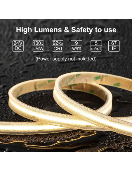 Tira LED COB IP67 5m Blanco Cálido 3000K LLTOP - Alta Eficiencia