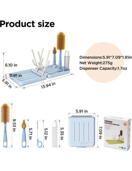 Kit de Limpieza de Botellas de Viaje VOGOGE 6 en 1 Azul