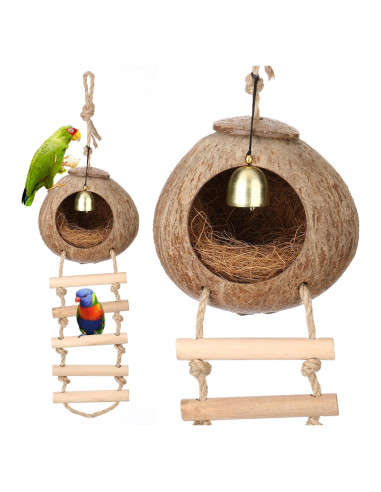 Nido de Coco Natural para Aves Briwooody con Escalera y Campana