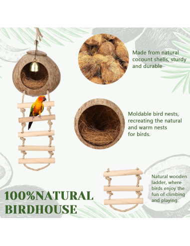 Nido de Coco Natural para Aves Briwooody con Escalera y Campana