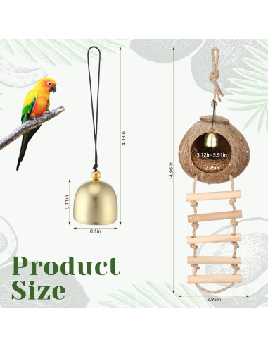 Nido de Coco Natural para Aves Briwooody con Escalera y Campana