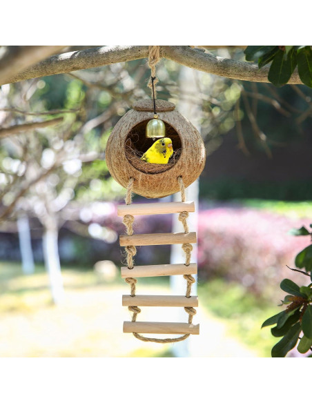 Nido de Coco Natural para Aves Briwooody con Escalera y Campana