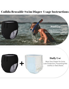 Pañal de Natación Reutilizable Codida 5-6T Negro para Niños 2