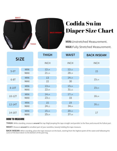 Pañal de Natación Reutilizable Codida 5-6T Negro para Niños