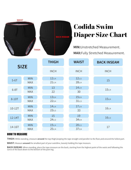 Pañal de Natación Reutilizable Codida 5-6T Negro para Niños
