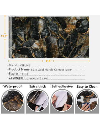 Papel Contacto de Mármol Dorado Pizarra VEELIKE 39.88x299.72cm