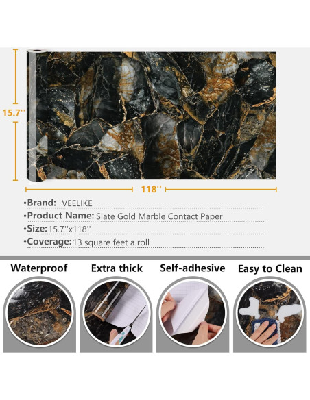 Papel Contacto de Mármol Dorado Pizarra VEELIKE 39.88x299.72cm