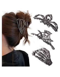 3 Clips de Pelo Mano Esqueleto Ruimo - Telaraña Negra Grande y Medio