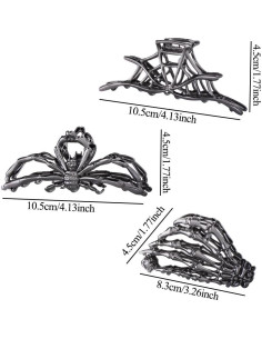3 Clips de Pelo Mano Esqueleto Ruimo - Telaraña Negra Grande y Medio 2