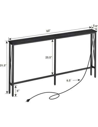 Mesa Consola Estrecha ELYKEN 5.9" con Salidas USB y Carga, Negro