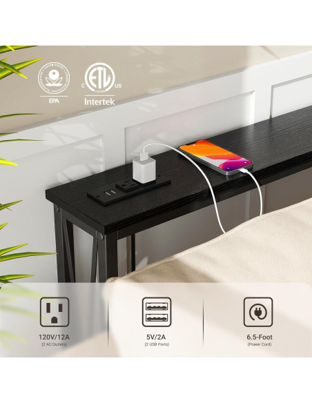 Mesa Consola Estrecha ELYKEN 5.9" con Salidas USB y Carga, Negro