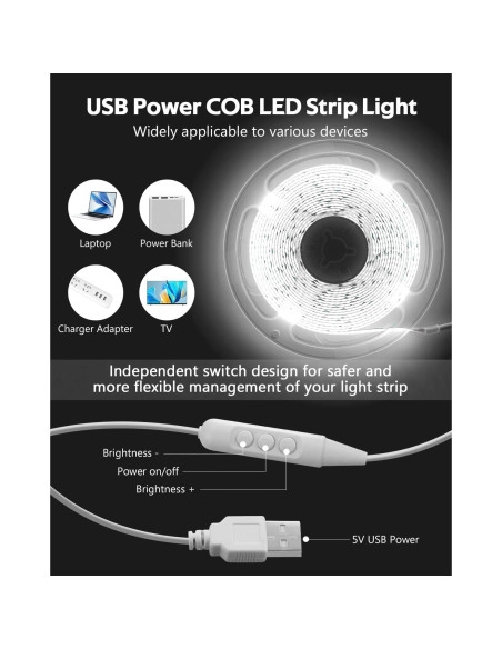 Tira de Luz LED COB 5M Blanca Fría USB Samsion 320 LEDs/M Tira de Luz LED COB 5M Blanca Fría USB Samsion 320 LEDs/M
