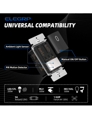 Interruptor de luz con sensor de movimiento ELEGRP negro mate