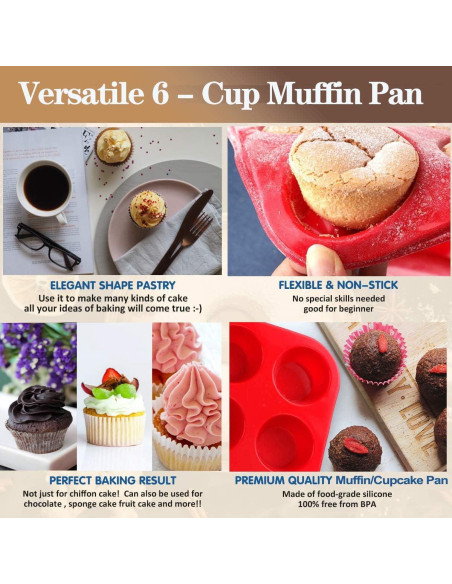 Molde de Muffin de Silicona Aokinle 6 Tazas Antiadherente Rojo Molde de Muffin de Silicona Aokinle 6 Tazas Antiadherente Rojo