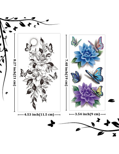 Tatuajes Temporales Cerlaza Flores y Mariposas 3D - 12 Hojas