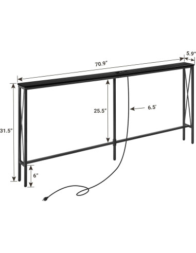 Mesa Consola Estrecha ELYKEN 5.9"x70.9" con Carga USB, Negro