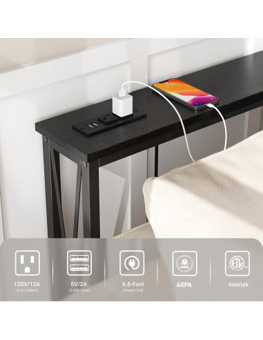 Mesa Consola Estrecha ELYKEN 5.9"x70.9" con Carga USB, Negro