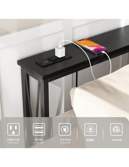 Mesa Consola Estrecha ELYKEN 5.9"x70.9" con Carga USB, Negro