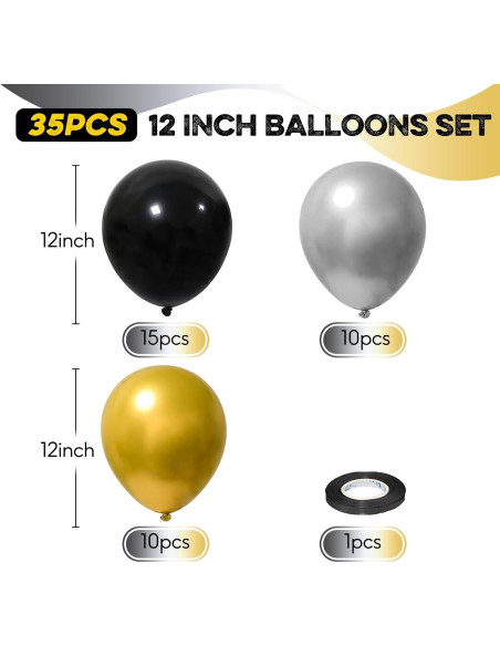 Conjunto de 35 Globos Negros y Dorados 30 cm para Fiesta