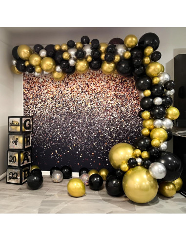Conjunto de 35 Globos Negros y Dorados 30 cm para Fiesta