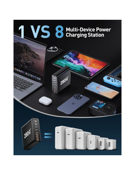 Estación de Carga USB C 8 Puertos Ediliow 280W Cargador Rápido