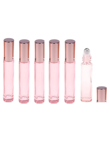 6 Botellas de Vidrio Roll On 10ml Lokusel con Tapa Rosa Dorada