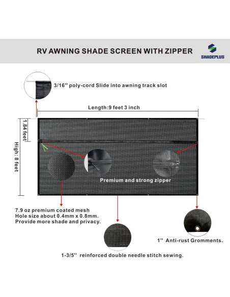 Pantalla de Sombra para Toldos de RV SHADEPLUS 2.82x2.44m