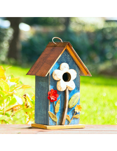 Casa de Aves Colgante Glitzhome 26cm Madera Azul Lavado