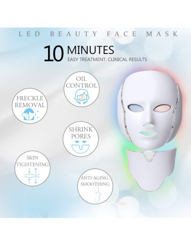 Máscara LED Terapia Facial 7 Colores Rejuvenecimiento Piel