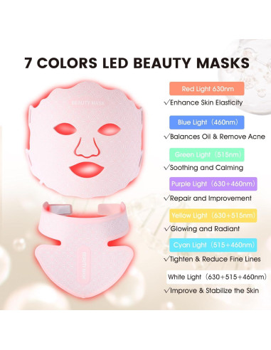 Máscara de Luz LED Terapia Facial y Cuello 7 Colores