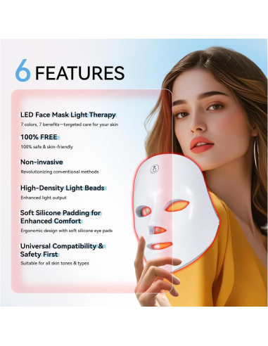 Máscara Facial LED Terapia BeaRay 7 Colores Portátil Inalámbrica