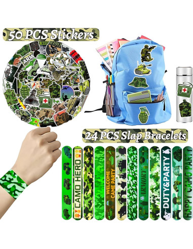 74PCS Fiesta Temática Militar: 24 Pulseras y 50 Calcomanías