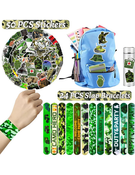 74PCS Fiesta Temática Militar: 24 Pulseras y 50 Calcomanías