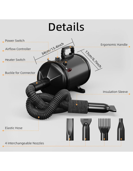 Secador Profesional para Mascotas COTUBLR Negro 4 Boquillas