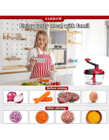 Procesador de Alimentos Manual ZABBOW 1.5L Rojo Picador de Manivela